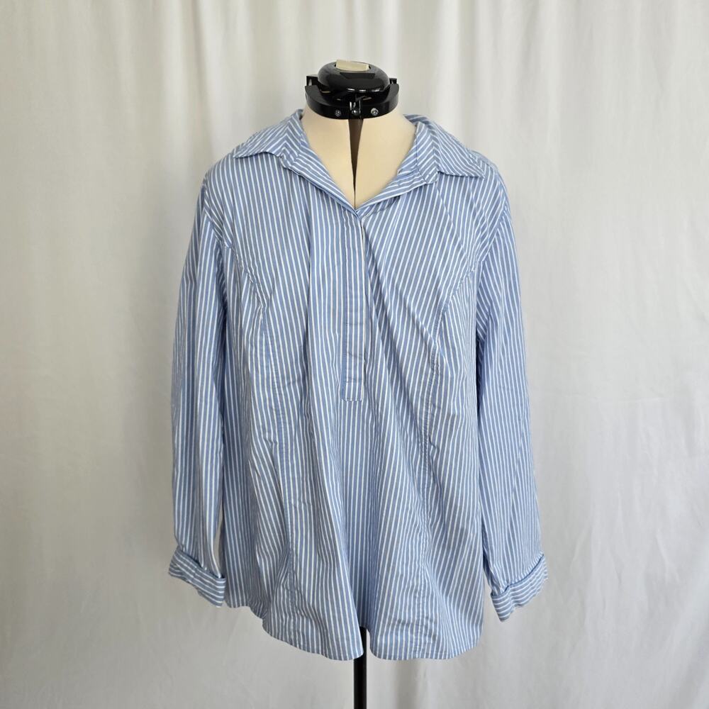 Woman Within Buttond Up Shirt Women's 1X Blue White Stripe Long Sleeve